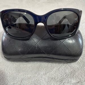 CHANEL Navy Blue and Black Oversized Women's Sunglasses with Quilted Case